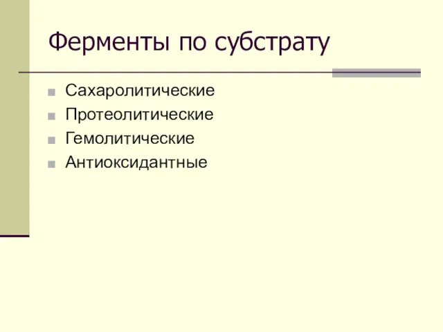 Ферменты по субстрату Сахаролитические Протеолитические Гемолитические Антиоксидантные