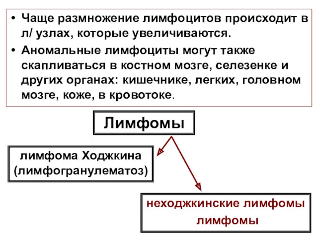 Лимфомы Чаще размножение лимфоцитов происходит в л/ узлах, которые увеличиваются.