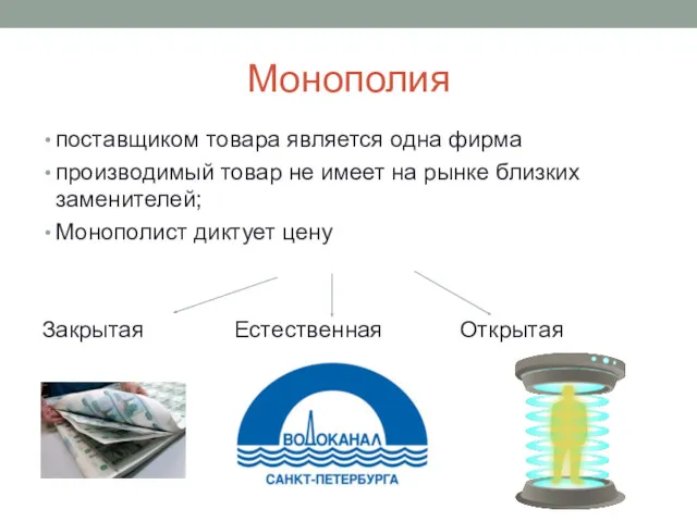 Монополия поставщиком товара является одна фирма производимый товар не имеет