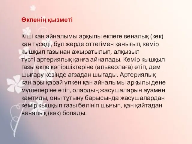 Өкпенің қызметі Кіші қан айналымы арқылы өкпеге веналық (көк) қан