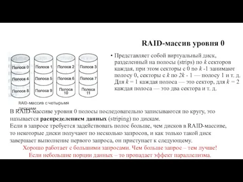 RAID-массив уровня 0 Представляет собой вир­туальный диск, разделенный на полосы