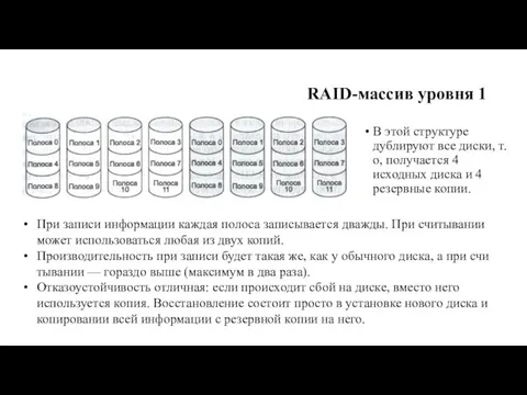 RAID-массив уровня 1 В этой структуре дублируют все диски, т.о,