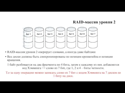 RAID-массив уровня 2 RAID-массив уровня 2 оперирует словами, а иногда