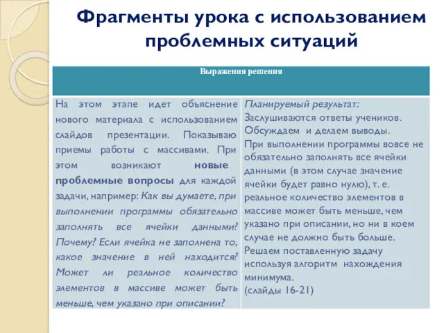 Фрагменты урока с использованием проблемных ситуаций