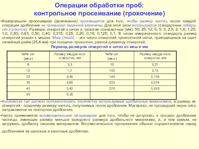 Операции обработки проб: контрольное просеивание (грохочение) Контрольное просеивание (грохочение) производится