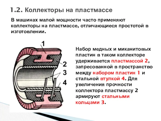 В машинах малой мощности часто применяют коллекторы на пластмассе, отличающиеся