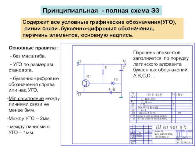 Принципиальная - полная схема Э3 Содержит все условные графические обозначения(УГО),