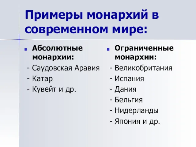 Примеры монархий в современном мире: Абсолютные монархии: - Саудовская Аравия