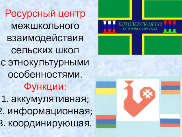 Ресурсный центр межшкольного взаимодействия сельских школ с этнокультурными особенностями. Функции: 1. аккумулятивная; 2. информационная; 3. координирующая.