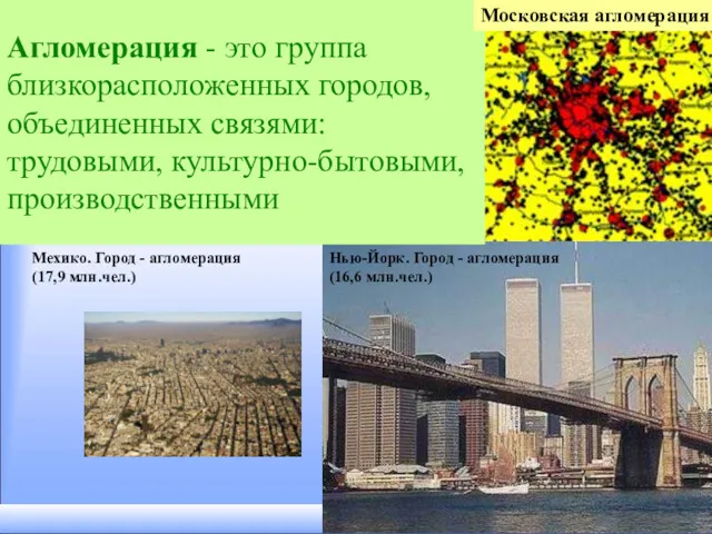 Агломерация - это группа близкорасположенных городов, объединенных связями: трудовыми, культурно-бытовыми,