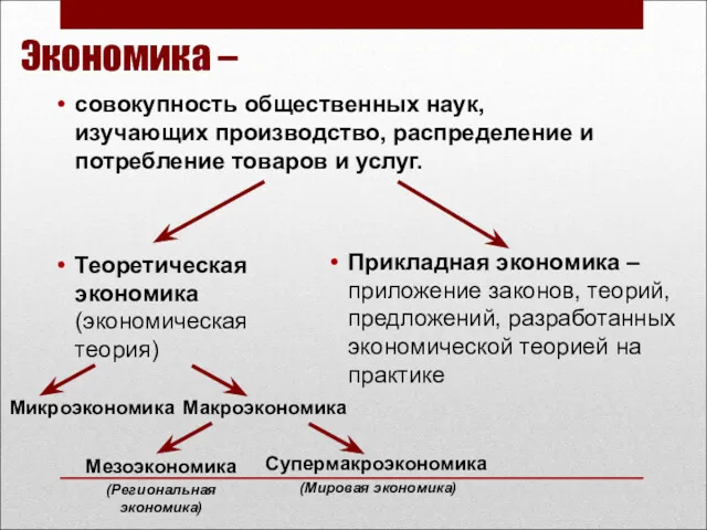 Экономика – совокупность общественных наук, изучающих производство, распределение и потребление