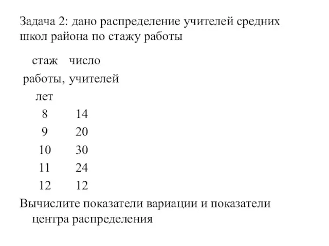 Задача 2: дано распределение учителей средних школ района по стажу