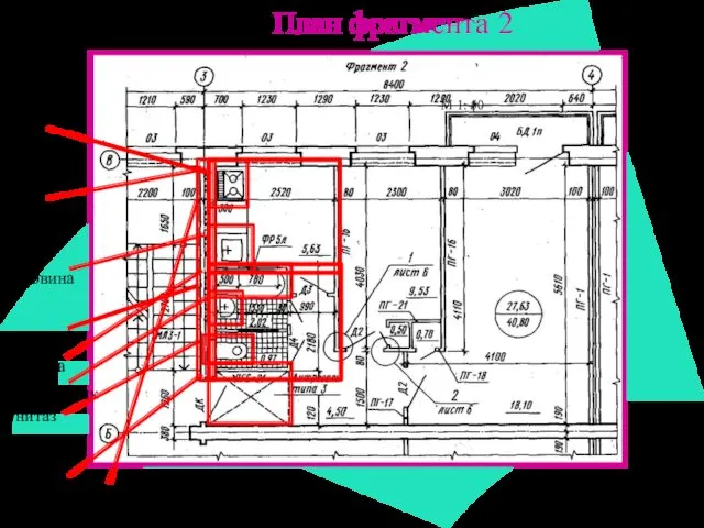 План фрагмента 2 М 1: 50 кухня плита раковина санузел ванна умывальник унитаз антресоль вентиляционные каналы