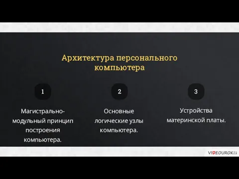 Архитектура персонального компьютера Магистрально-модульный принцип построения компьютера. Основные логические узлы