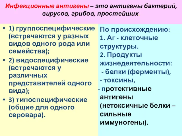 Инфекционные антигены – это антигены бактерий, вирусов, грибов, простейших. 1) группоспецифические (встречаются у