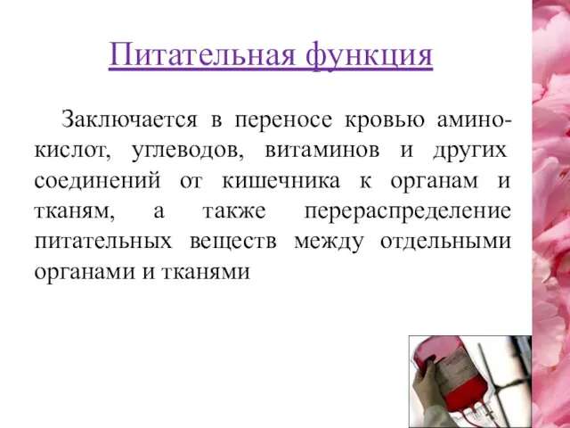 Питательная функция Заключается в переносе кровью амино-кислот, углеводов, витаминов и