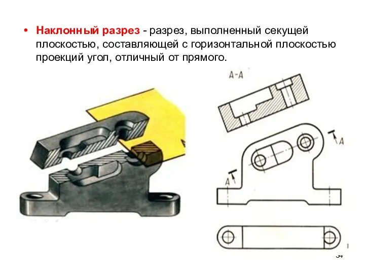 Наклонный разрез - разрез, выполненный секущей плоскостью, составляющей с горизонтальной плоскостью проекций угол, отличный от прямого.