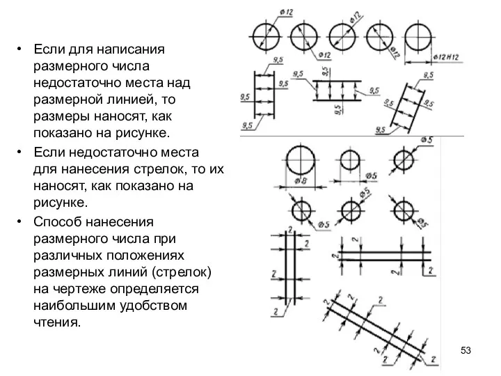 Если для написания размерного числа недостаточно места над размерной линией,