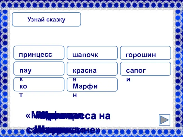 принцесса паук кот Узнай сказку шапочка красная Марфин горошина сапоги