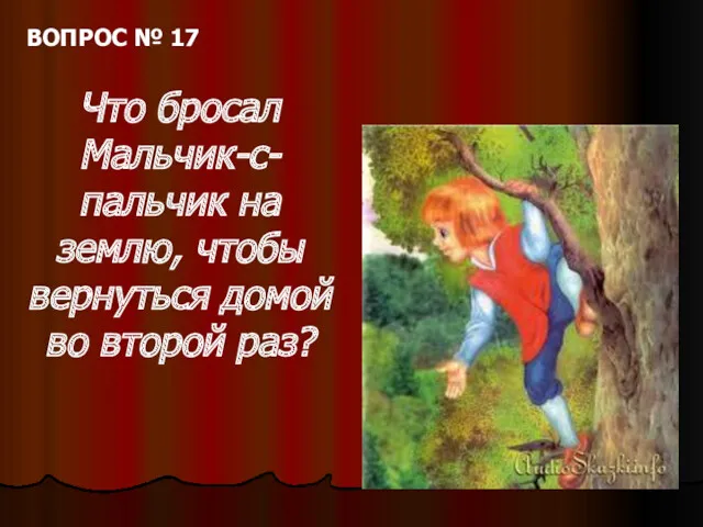 ВОПРОС № 17 Что бросал Мальчик-с-пальчик на землю, чтобы вернуться домой во второй раз?