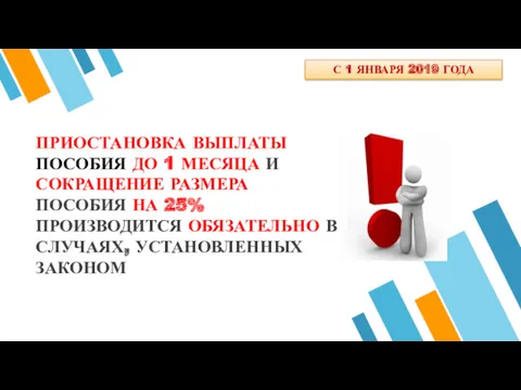 ПРИОСТАНОВКА ВЫПЛАТЫ ПОСОБИЯ ДО 1 МЕСЯЦА И СОКРАЩЕНИЕ РАЗМЕРА ПОСОБИЯ НА 25% ПРОИЗВОДИТСЯ