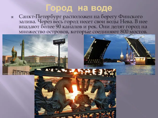 Санкт-Петербург расположен на берегу Финского залива. Через весь город несет