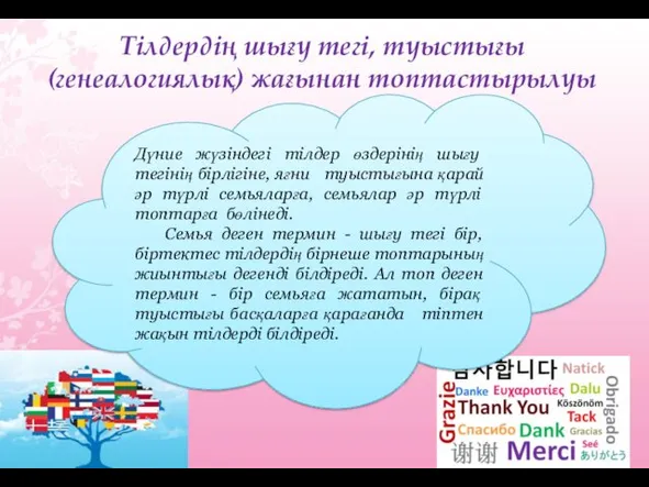 Тілдердің шығу тегі, туыстығы (генеалогиялық) жағынан топтастырылуы Дүние жүзіндегі тілдер өздерінің шығу тегінің