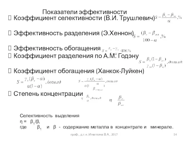 проф., д.т.н. Игнаткина В.А., 2017 Показатели эффективности Коэффициент селективности (В.И.