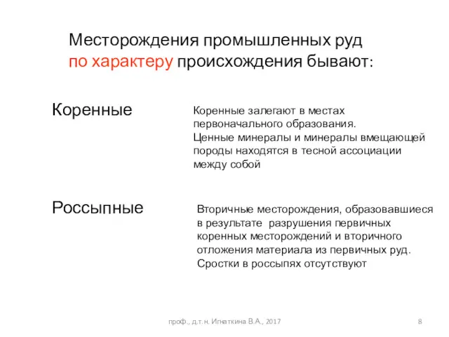 Месторождения промышленных руд по характеру происхождения бывают: Коренные Россыпные Коренные