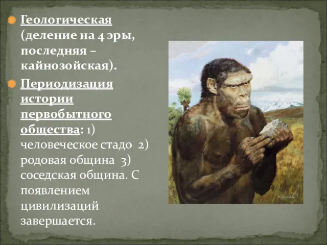 Геологическая (деление на 4 эры, последняя – кайнозойская). Периодизация истории