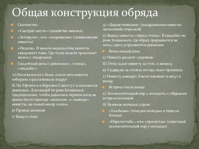 Общая конструкция обряда Сватовство «Смотрят место» (хозяйство жениха) «Запоруки», или