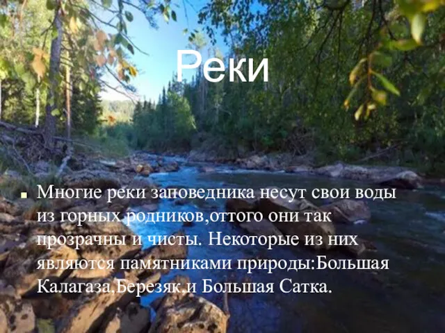 Многие реки заповедника несут свои воды из горных родников,оттого они так прозрачны и