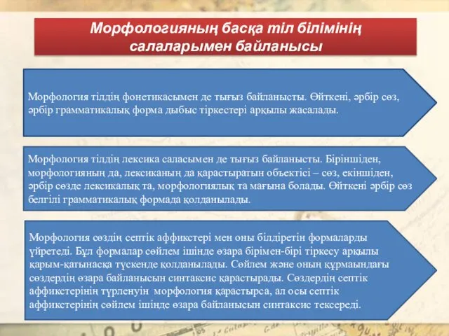 Морфологияның басқа тіл білімінің салаларымен байланысы Морфология сөздің септік аффикстері