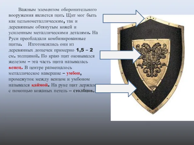 Важным элементом оборонительного вооружения является щит. Щит мог быть как