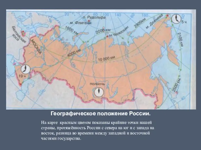 Географическое положение России. На карте красным цветом показаны крайние точки
