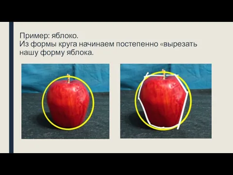 Пример: яблоко. Из формы круга начинаем постепенно «вырезать нашу форму яблока.