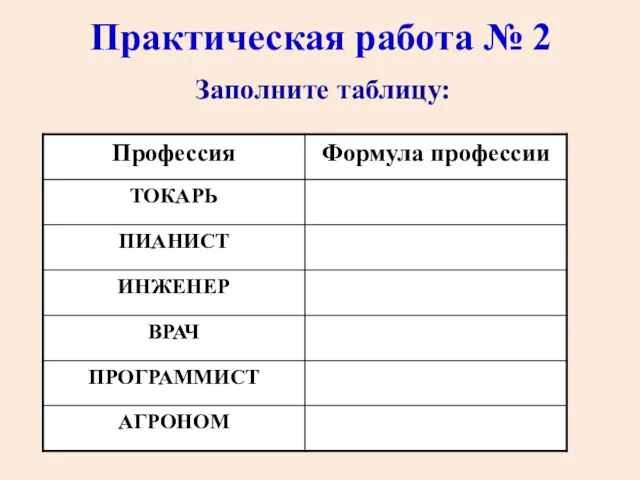 Практическая работа № 2 Заполните таблицу: