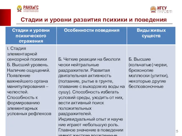 Стадии и уровни развития психики и поведения