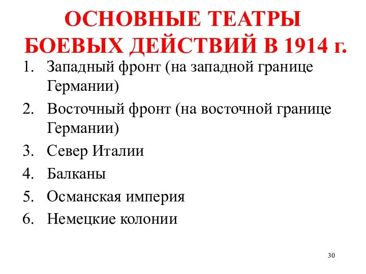 ОСНОВНЫЕ ТЕАТРЫ БОЕВЫХ ДЕЙСТВИЙ В 1914 г. Западный фронт (на