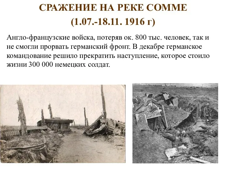 СРАЖЕНИЕ НА РЕКЕ СОММЕ (1.07.-18.11. 1916 г) Англо-французские войска, потеряв