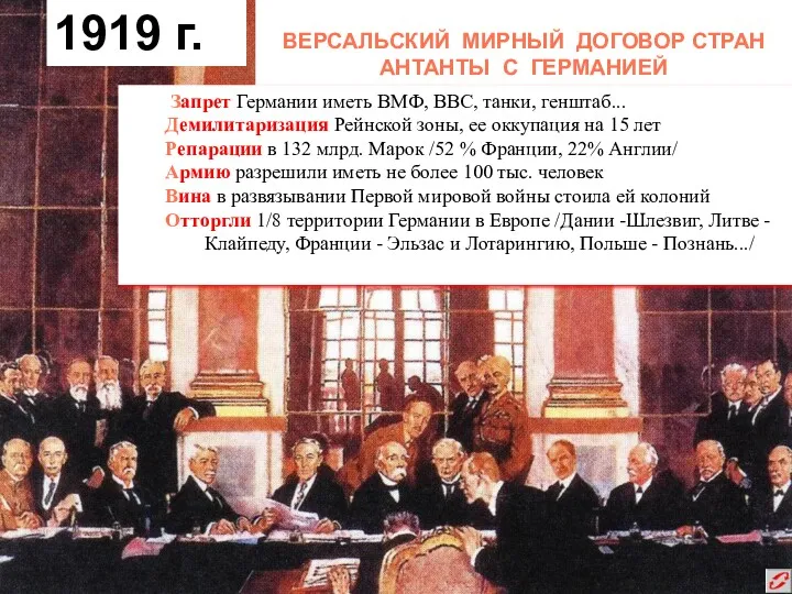 1919 г. ВЕРСАЛЬСКИЙ МИРНЫЙ ДОГОВОР СТРАН АНТАНТЫ С ГЕРМАНИЕЙ Запрет