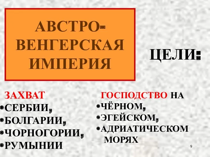 АВСТРО- ВЕНГЕРСКАЯ ИМПЕРИЯ ЦЕЛИ: ЗАХВАТ СЕРБИИ, БОЛГАРИИ, ЧОРНОГОРИИ, РУМЫНИИ ГОСПОДСТВО НА ЧЁРНОМ, ЭГЕЙСКОМ, АДРИАТИЧЕСКОМ МОРЯХ