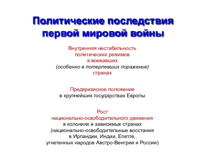 Политические последствия первой мировой войны Внутренняя нестабильность политических режимов в