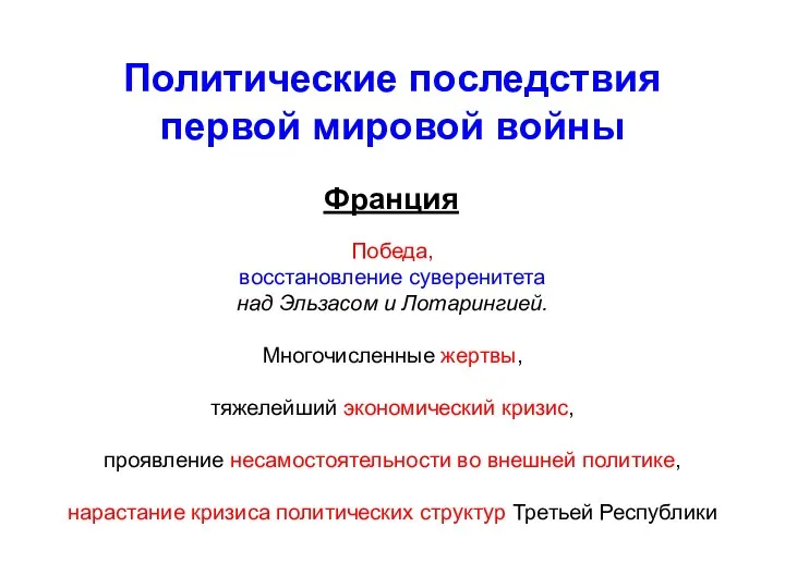 Политические последствия первой мировой войны Франция Победа, восстановление суверенитета над