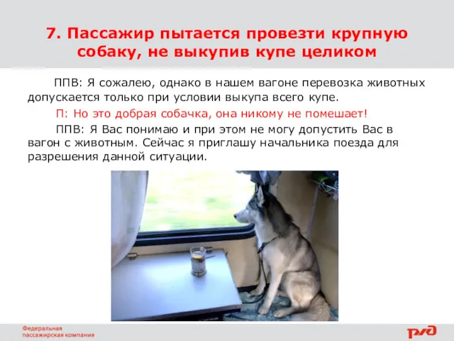 7. Пассажир пытается провезти крупную собаку, не выкупив купе целиком ППВ: Я сожалею,
