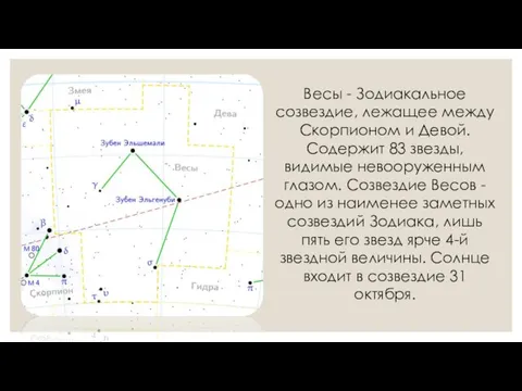 Весы - Зодиакальное созвездие, лежащее между Скорпионом и Девой. Содержит