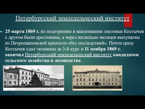 Петербургский земледельческий институт 25 марта 1869 г. по подозрению в наклеивании листовки Костычев