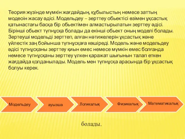 Теория жүзінде мүмкін жағдайдың, құбылыстың немесе заттың модеоін жасау әдісі.