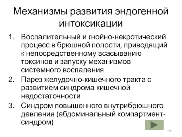 Механизмы развития эндогенной интоксикации Воспалительный и гнойно-некротический процесс в брюшной