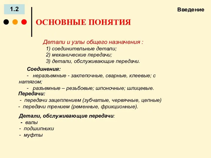 Введение 1.2 ОСНОВНЫЕ ПОНЯТИЯ Детали и узлы общего назначения : 1) соединительные детали;